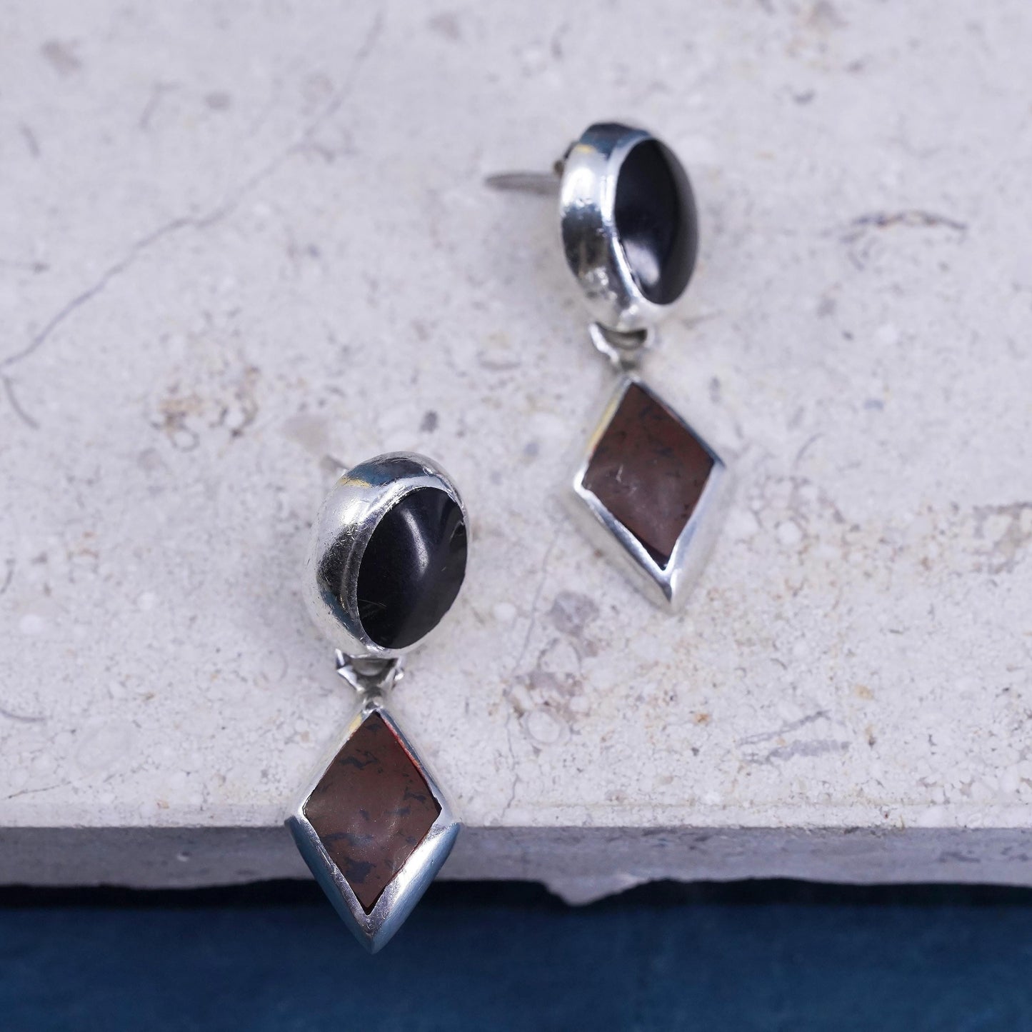 Vintage Mexican Sterling 925 silver handmade earrings with oval onyx and Jasper