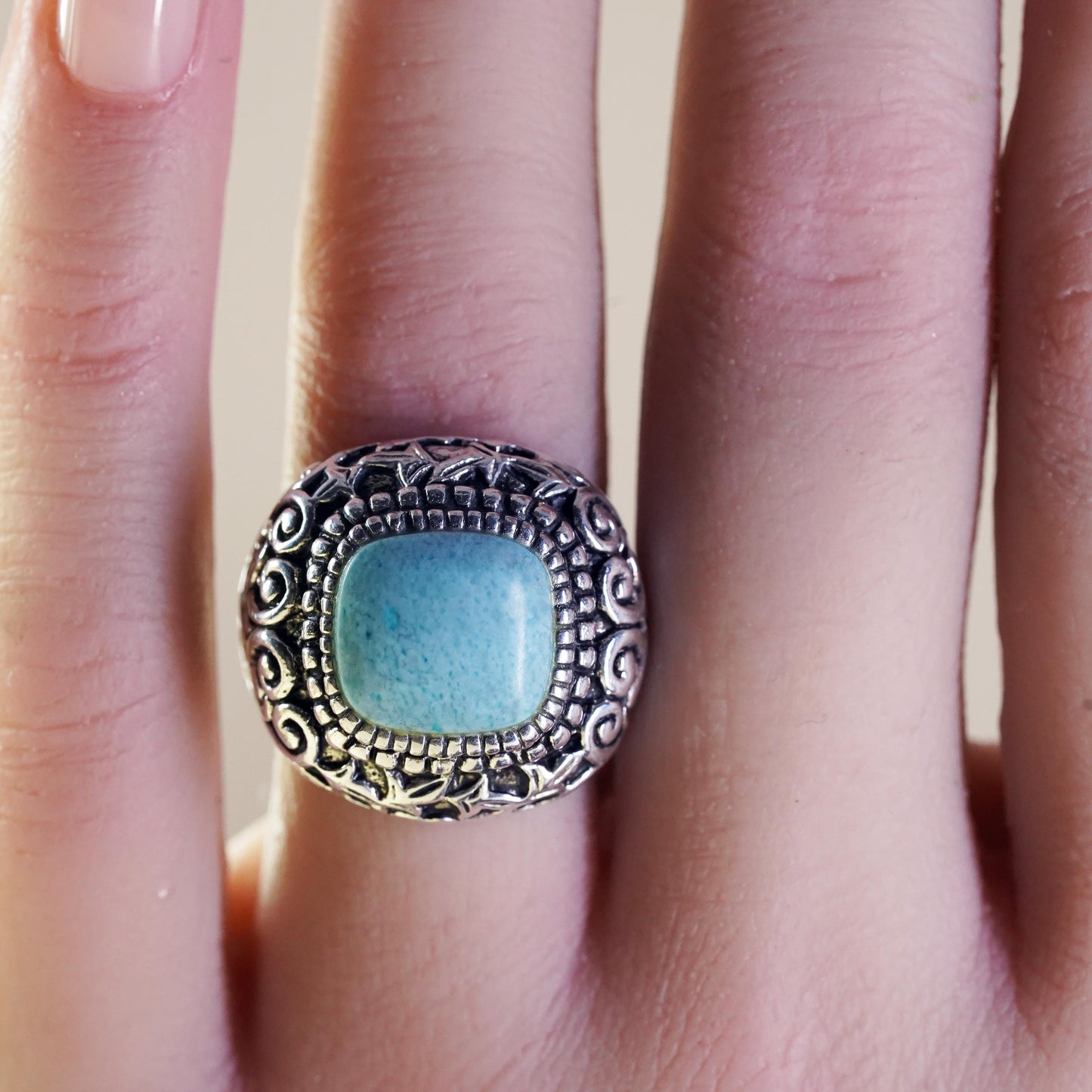 Size 7, Vintage sterling silver ring, 925 statement band with square turquoise