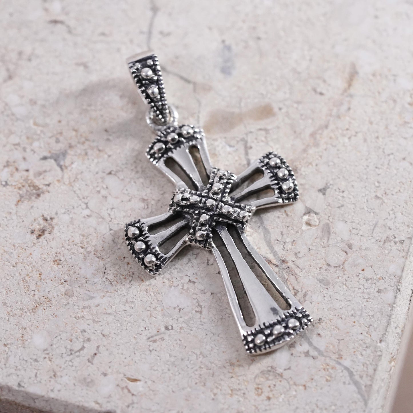 Vintage Sterling silver handmade pendant, 925 beads cross