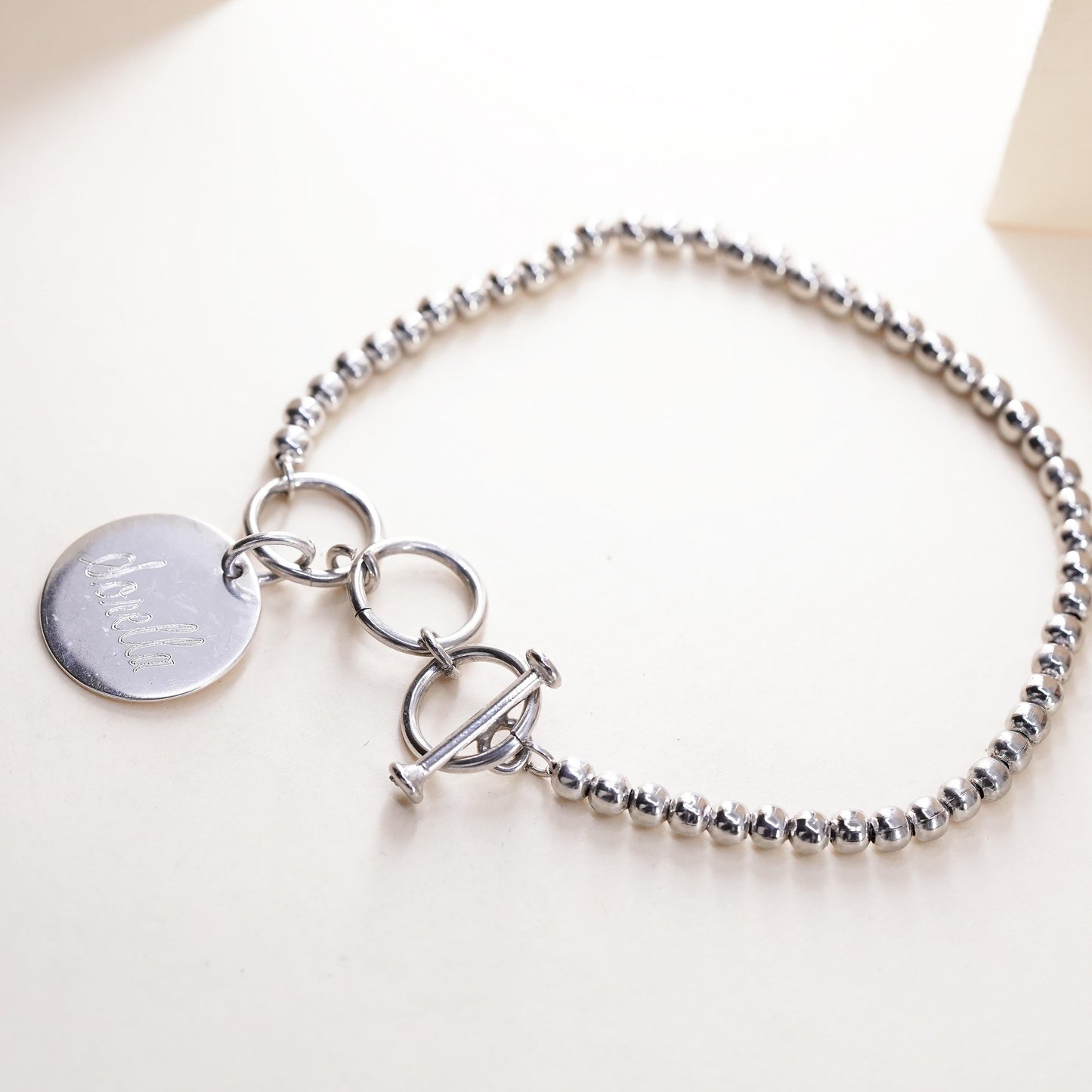 7.25+1”, Vintage Sterling silver bracelet, 925 bead chain name tag “Dovella”