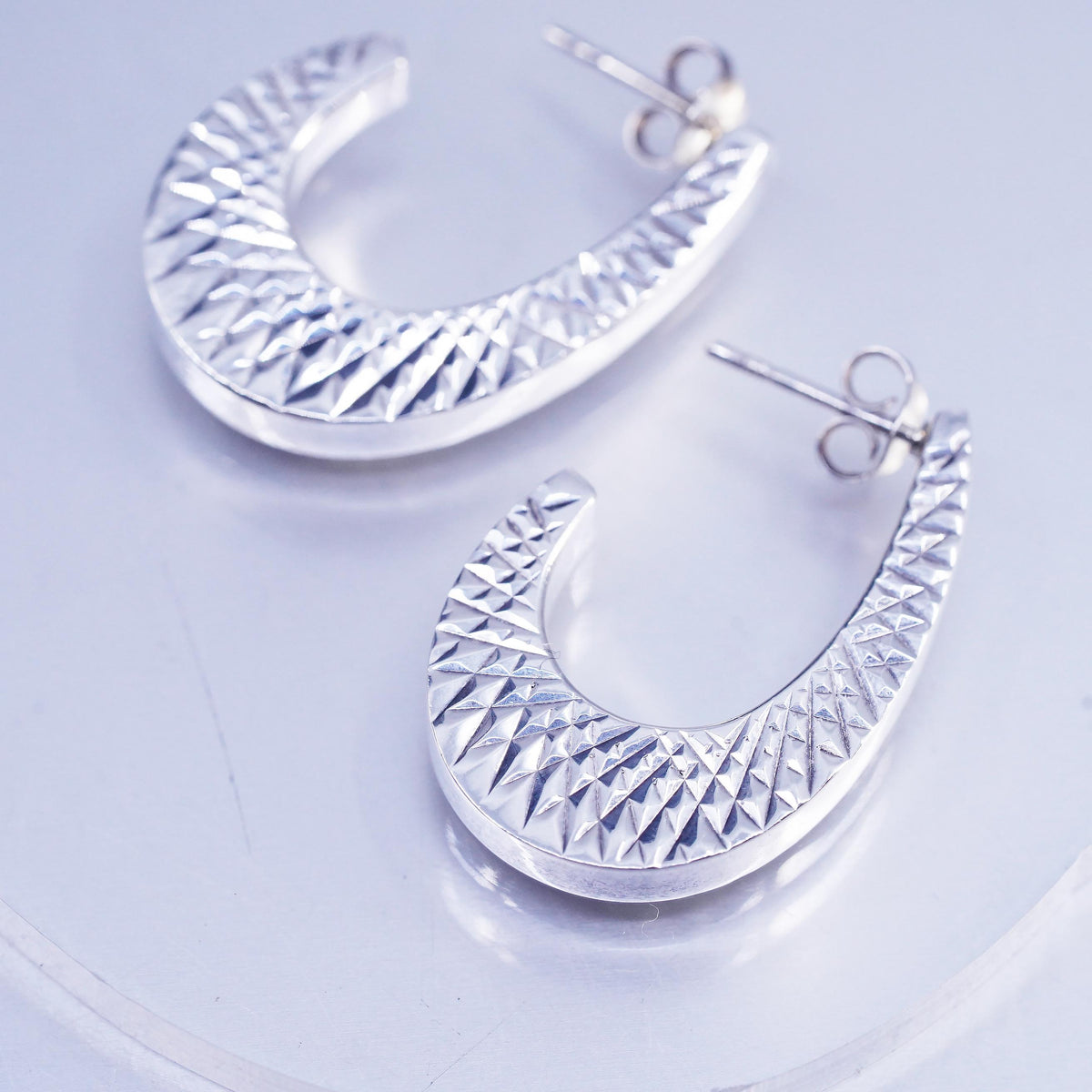 1", Vintage Sterling Silver 925 Textured Crescent Earrings, Wide J Hoop Studs