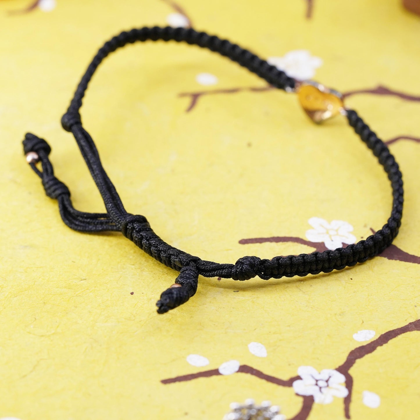 8", black linen thread bracelet with Sterling 925 silver heart charm cluster cz