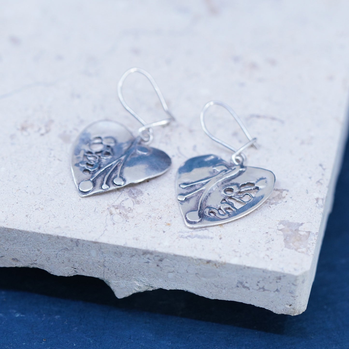 Vintage Sterling silver handmade earrings, textured 925 heart drops