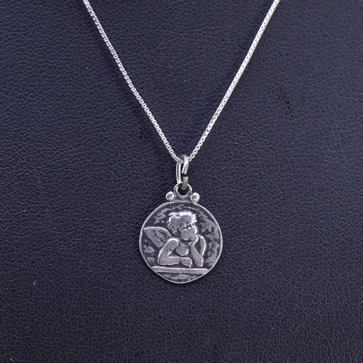 16", Vintage sterling 925 silver box necklace Guardian angel charm pendant