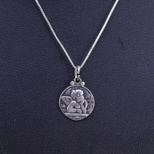 16", Vintage sterling 925 silver box necklace Guardian angel charm pendant