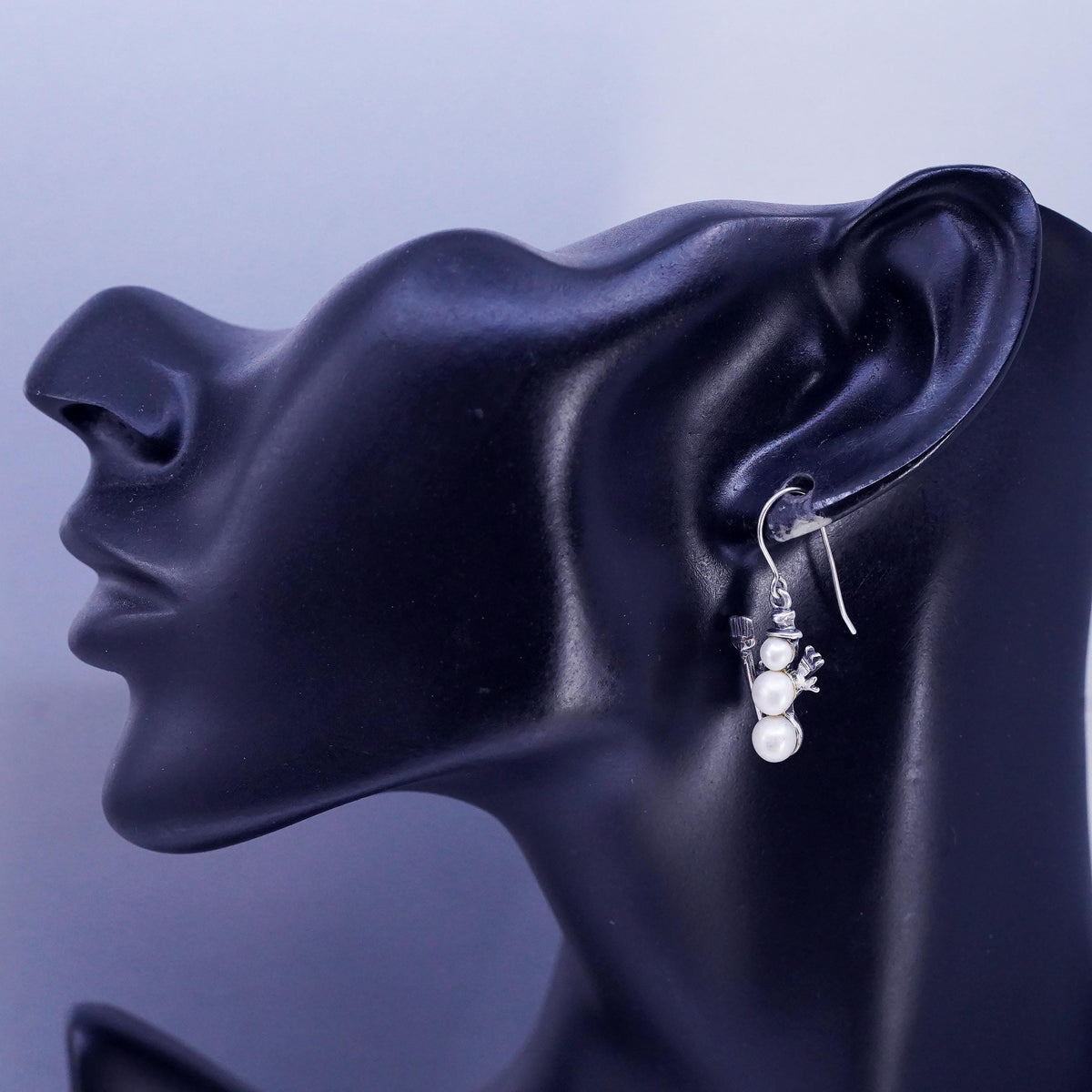 Vintage 925 Sterling Silver Snowman Earrings with Triple-Drop Pearl
