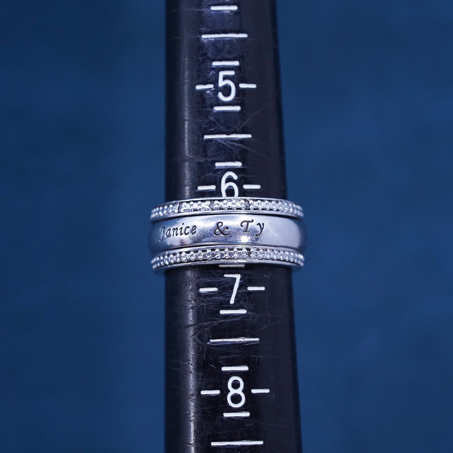 Size 6.25, VTG BGE Sterling 925 silver ring with crystal around, “Janice and TY