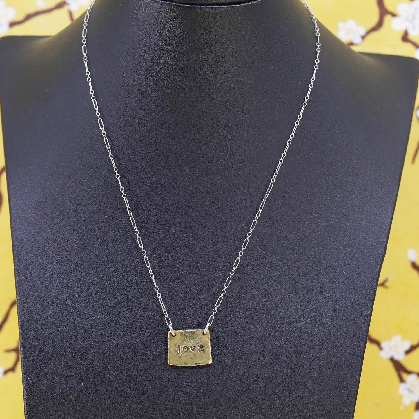 16”, vintage Sterling silver necklace, 925 elongated chain brass tag pendant