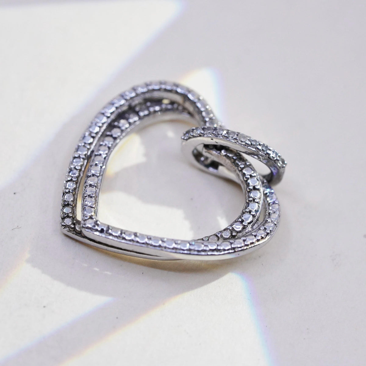 Vintage Sterling silver handmade pendant, entwined 925 heart cluster diamonds