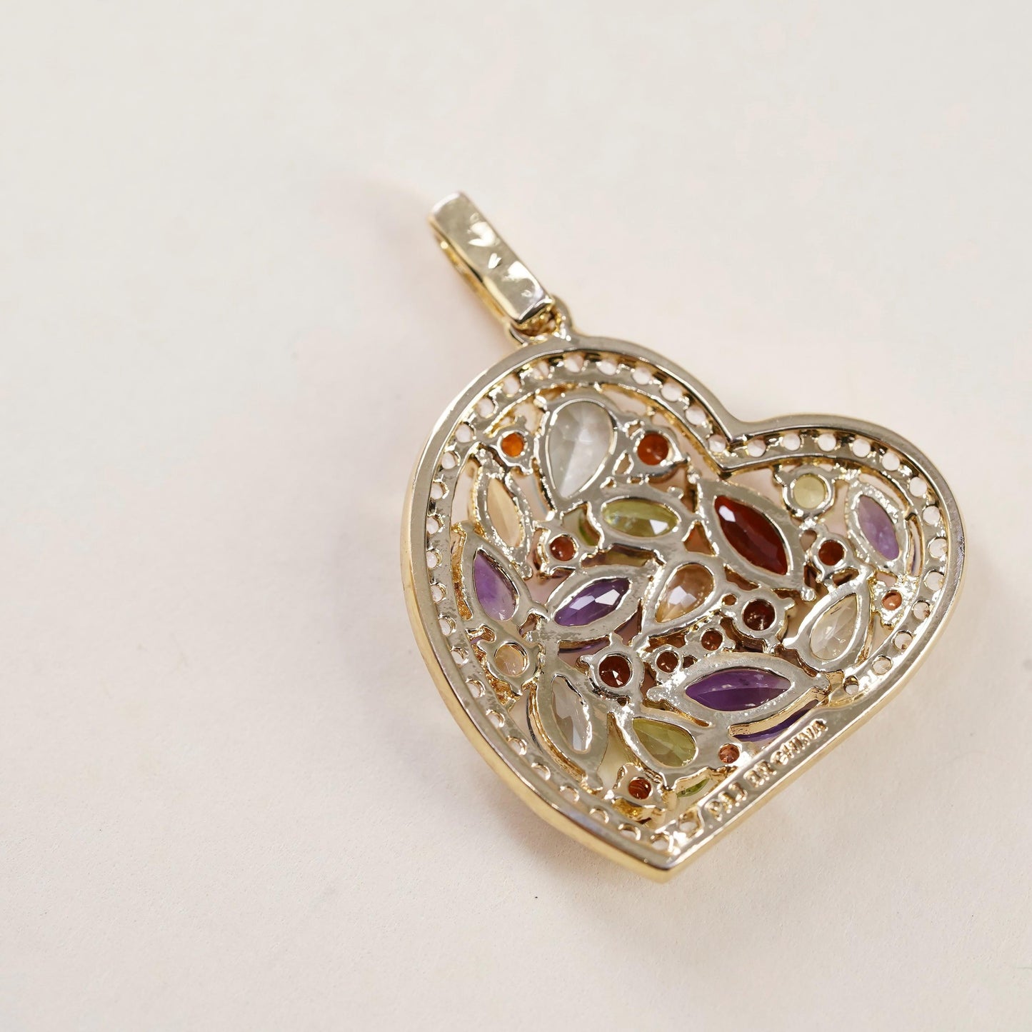 Vintage PAJ BR gold plated brass filigree heart with multi gemstones