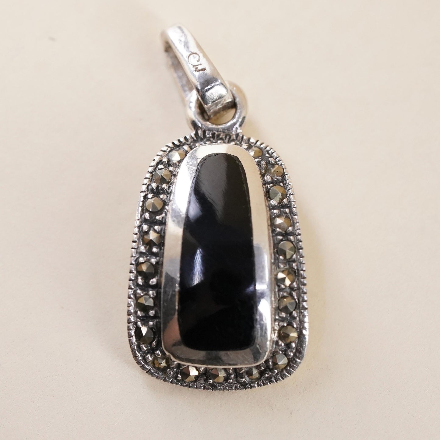 handmade sterling 925 silver pendant with black onyx inlay marcasite details