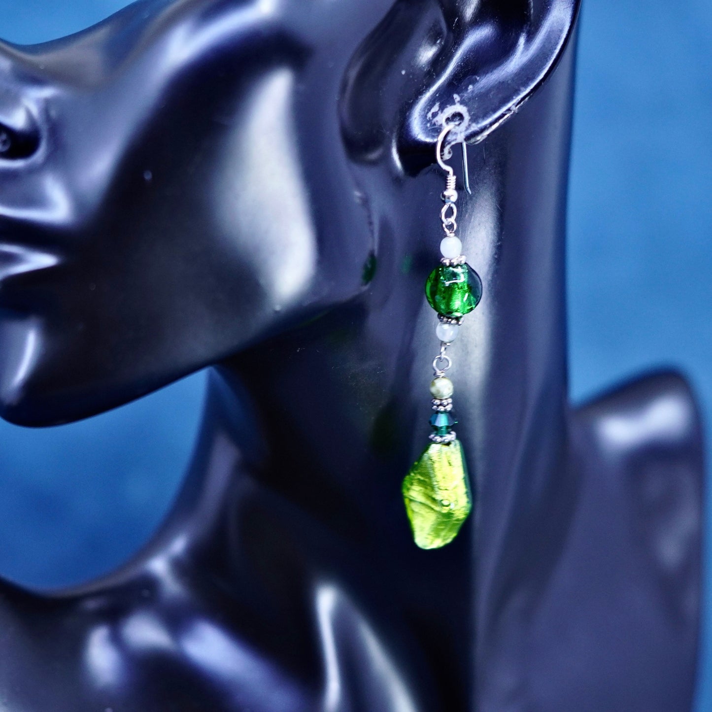 3”, Vintage sterling silver 925 handmade earrings w/ green foiled glass dangles