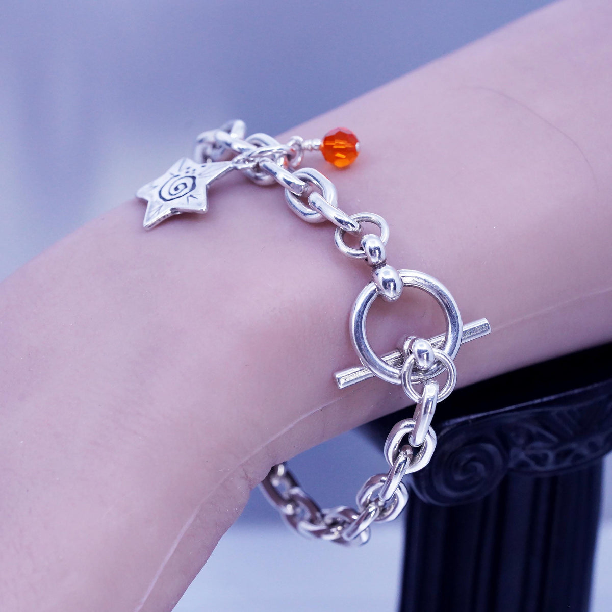 6.75", vintage Prochain Sterling silver bracelet, 925 bold oval star tag charm