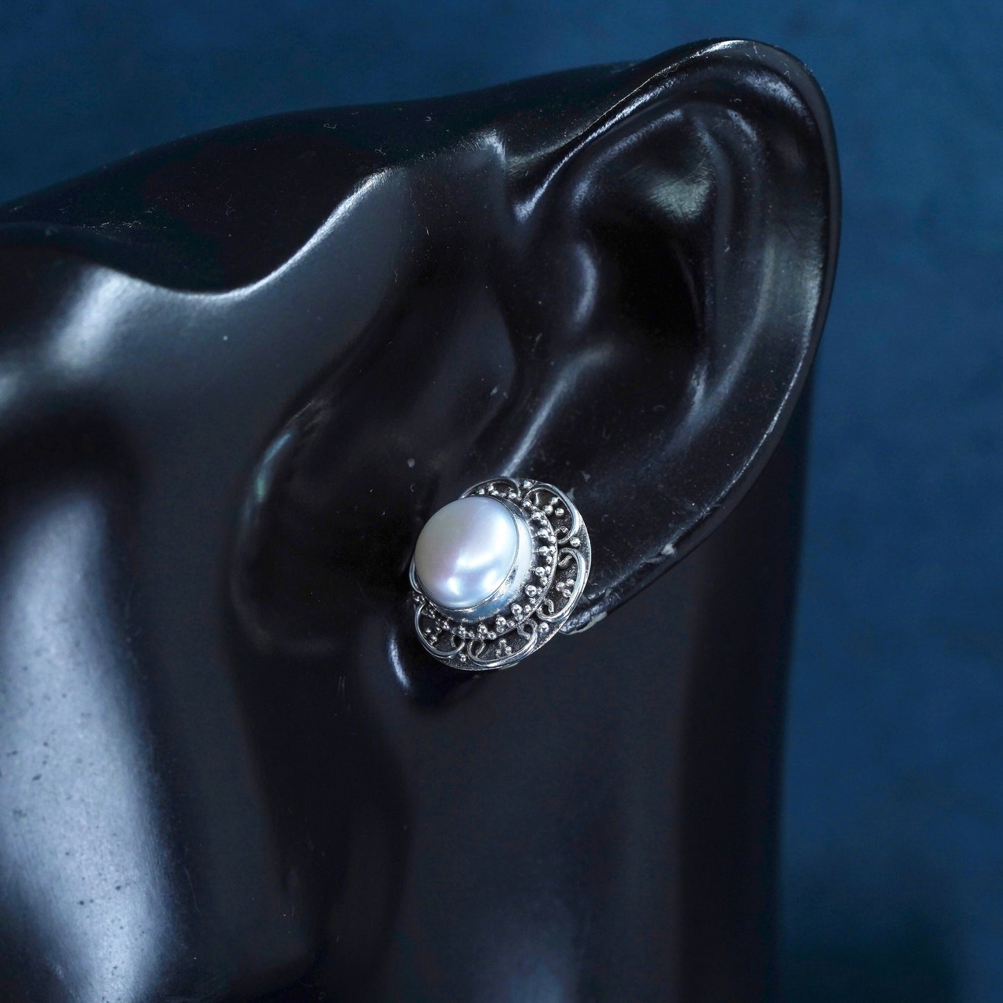 Sterling 925 silver Bali earrings with freshwater pearl studs, handmade jewelry