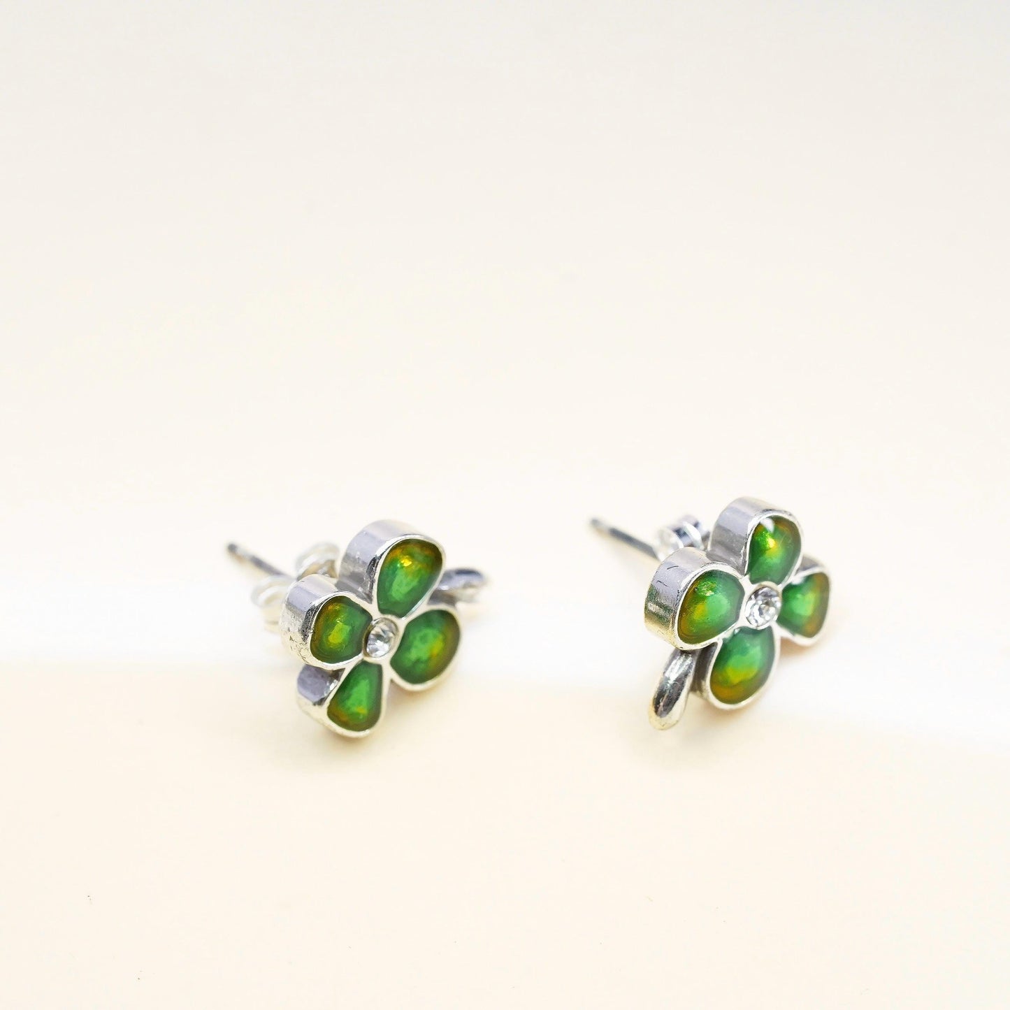 Vintage Sterling silver handmade earrings, 925 enamel lucky clover studs w/ cz