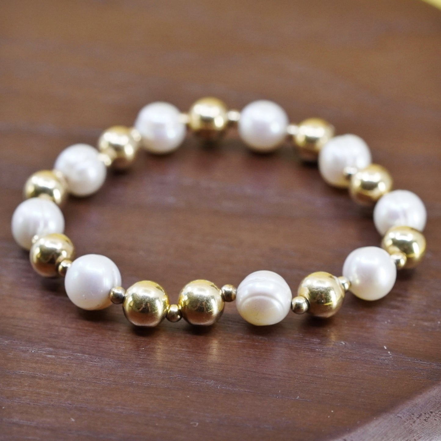 7”, Italian yellow gold Sterling silver bead 10mm freshwater pearl bracelet