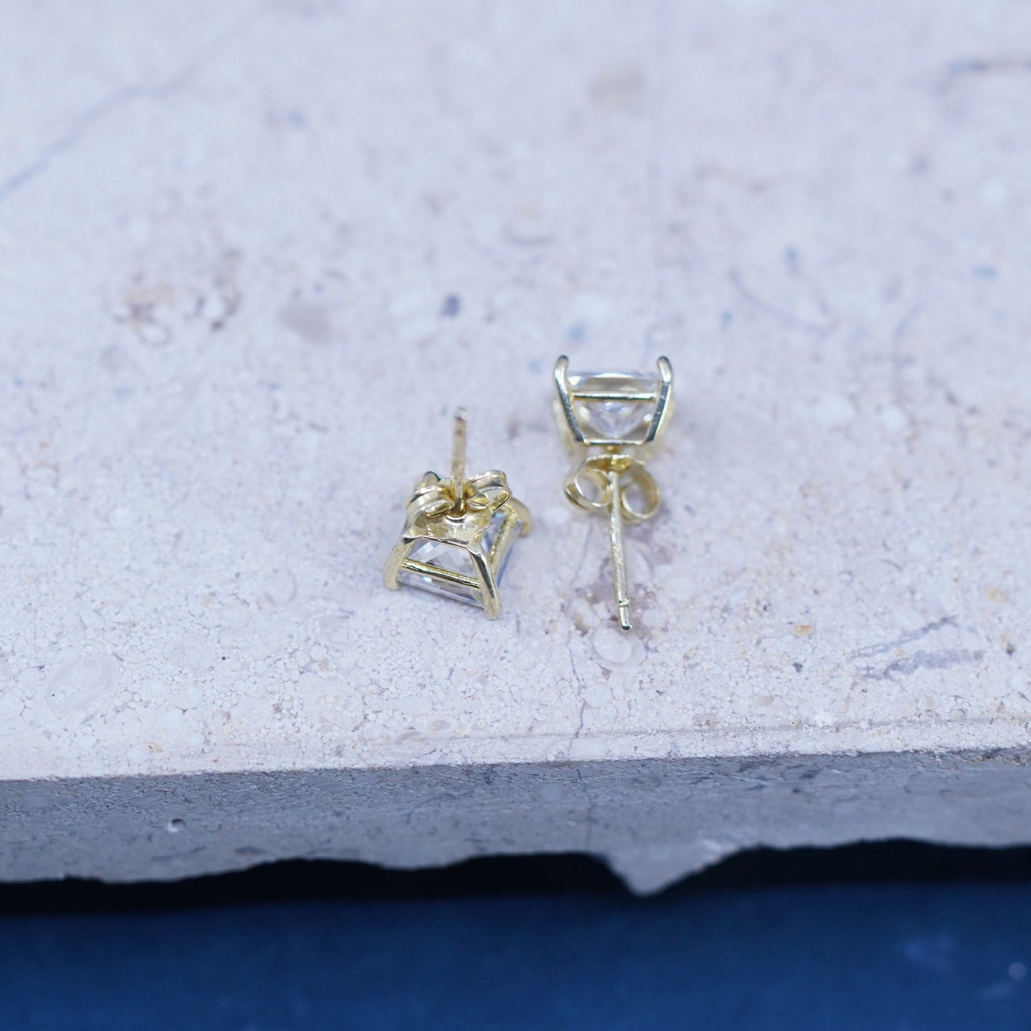 vermeil gold over sterling silver earrings, square 925 silver square studs CZ