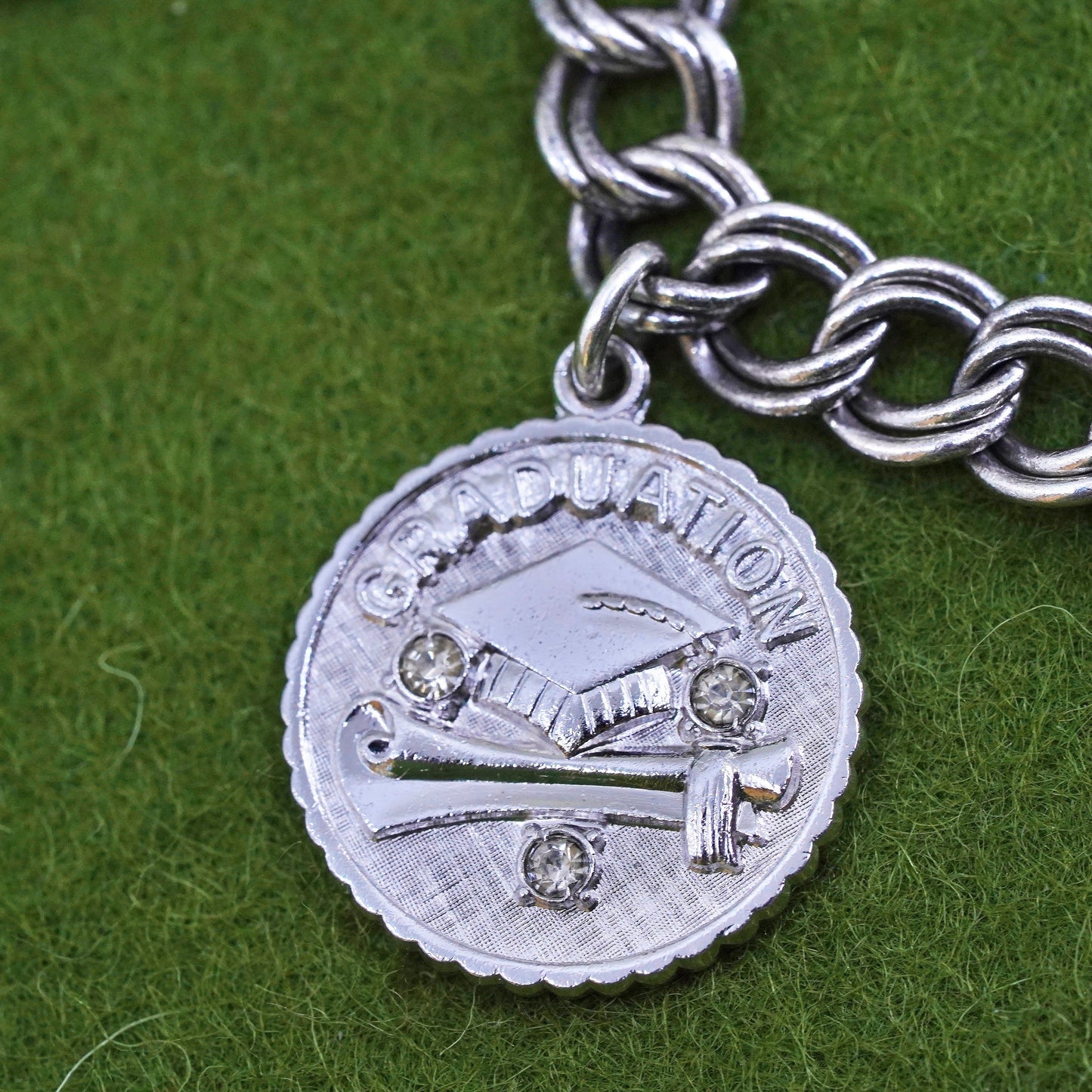 7", 7mm, Vintage sterling silver bracelet, 925 double curb chain with 5 charms