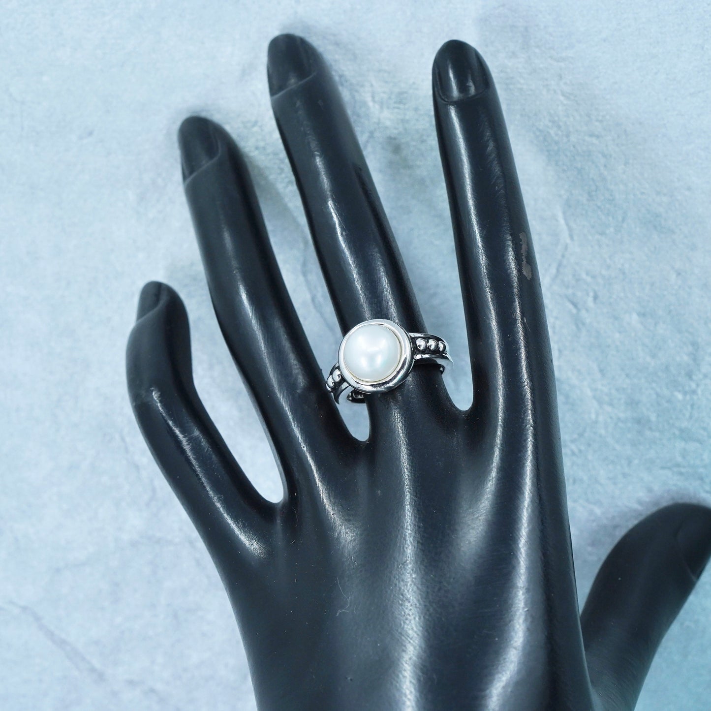 Size 7, vintage Sterling 925 silver handmade ring with pearl and beads