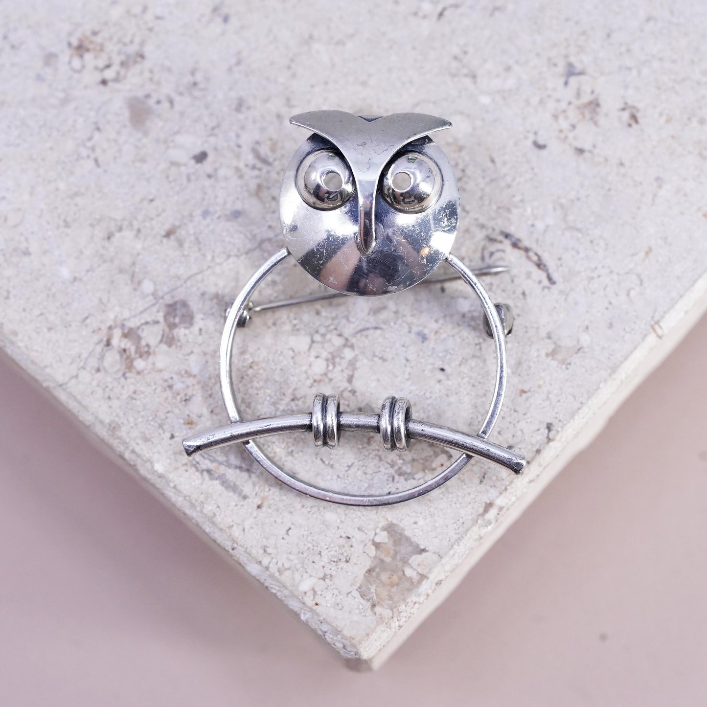 Vintage Beau sterling silver handmade brooch, simplified 925 owl pin