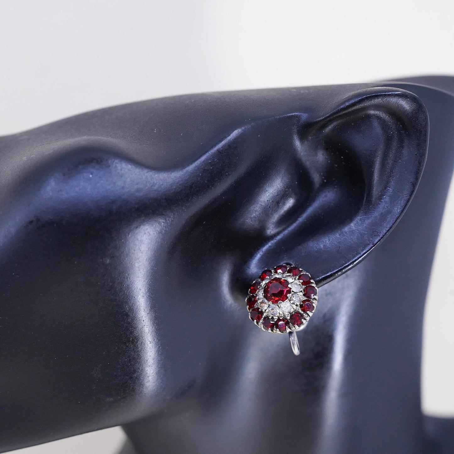 1950s VTG 925 Sterling Silver Garnet Red Rhinestone Screw Back Earrings, Retro