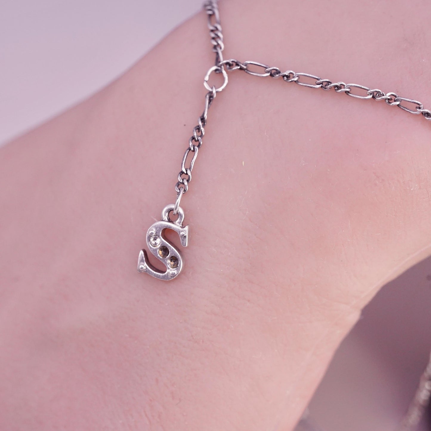 10.5", Italian Sterling 925 silver figaro chain anklet letter S heart charms