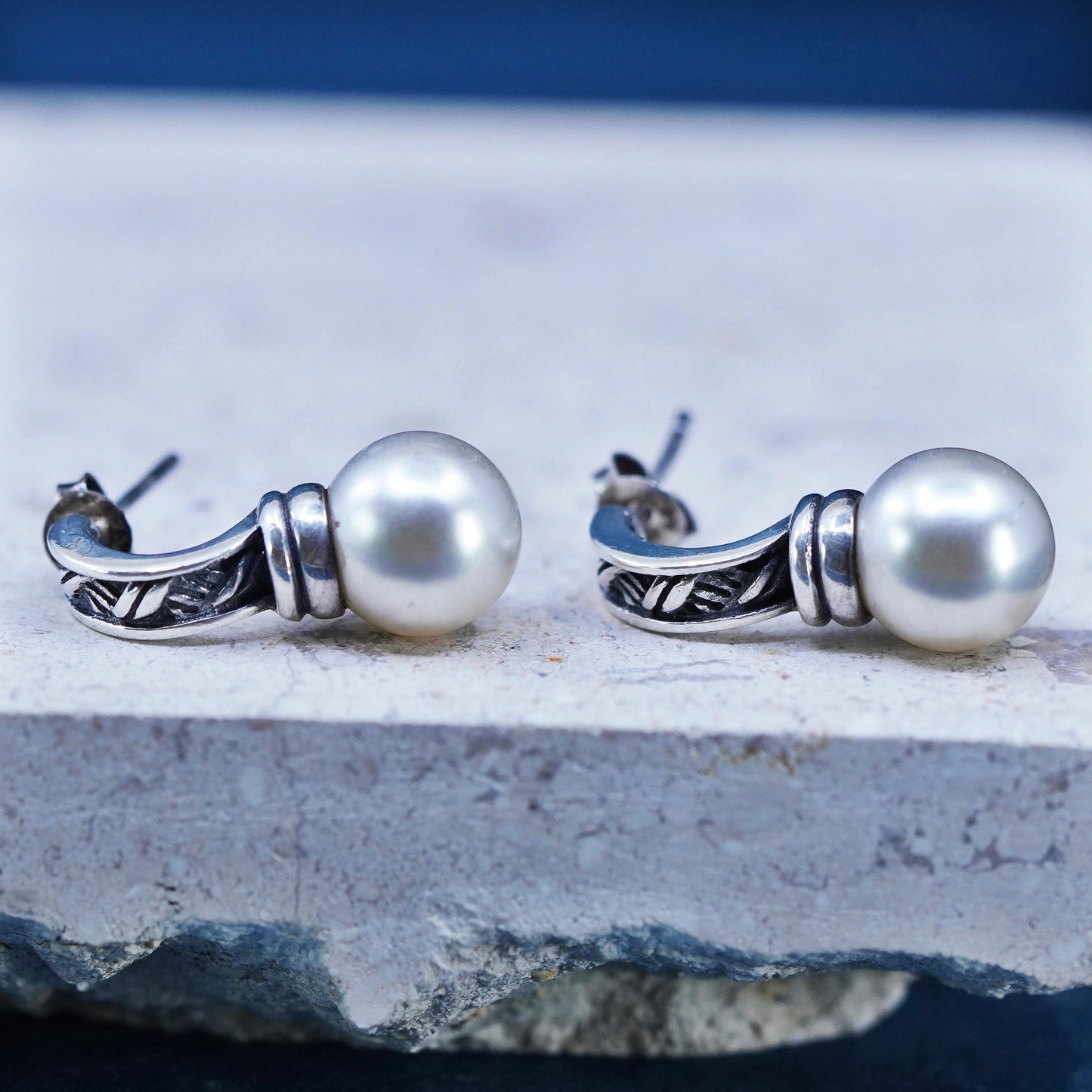 Vintage sterling silver handmade earrings, 925 studs with pearl