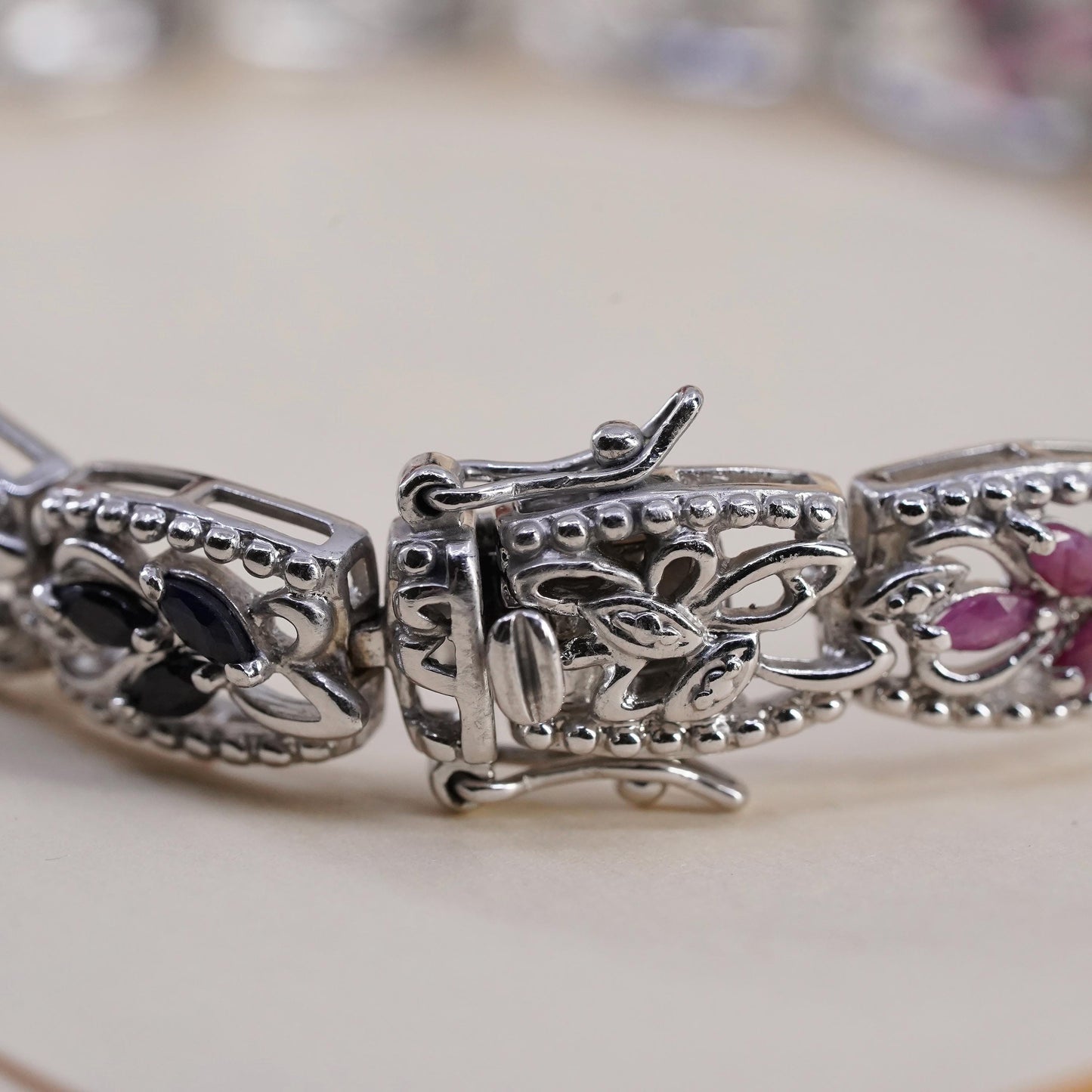 7.25", VTG Sterling 925 silver filigree tennis bracelet ruby emerald sapphire