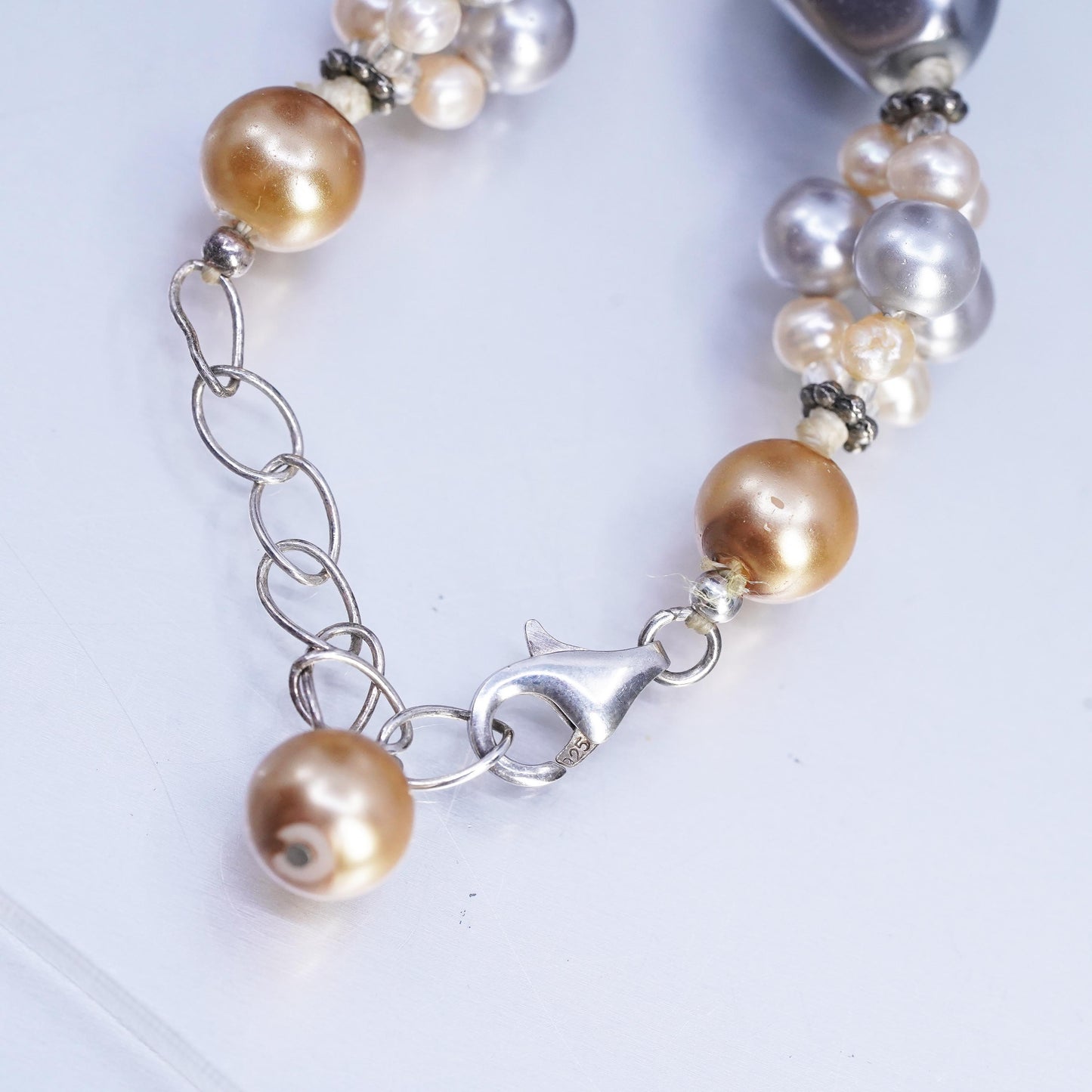 16+2", vintage Sterling 925 silver necklace with pearl aquamarine kyanite beads