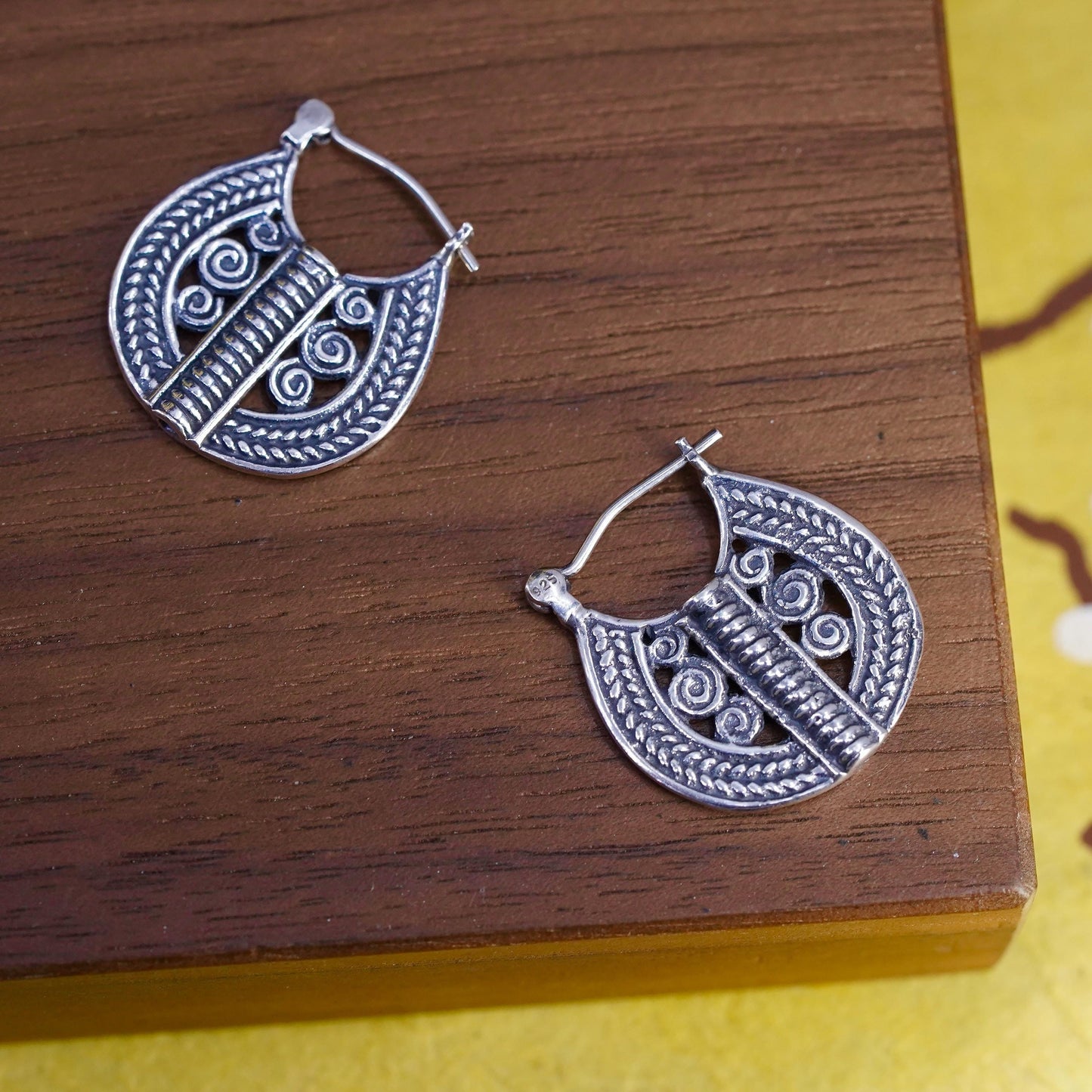 0.75", VTG Sterling silver handmade flatten hoops, textured 925 huggie earrings