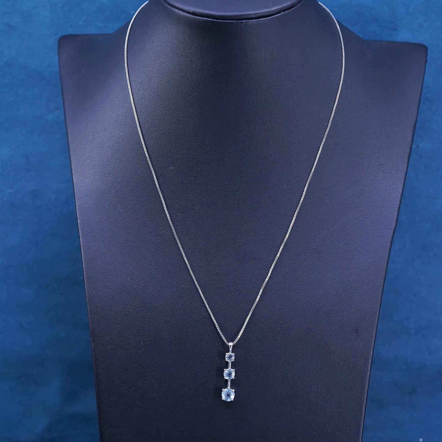 18”, vintage Sterling silver handmade necklace, 925 box chain blue cz pendant