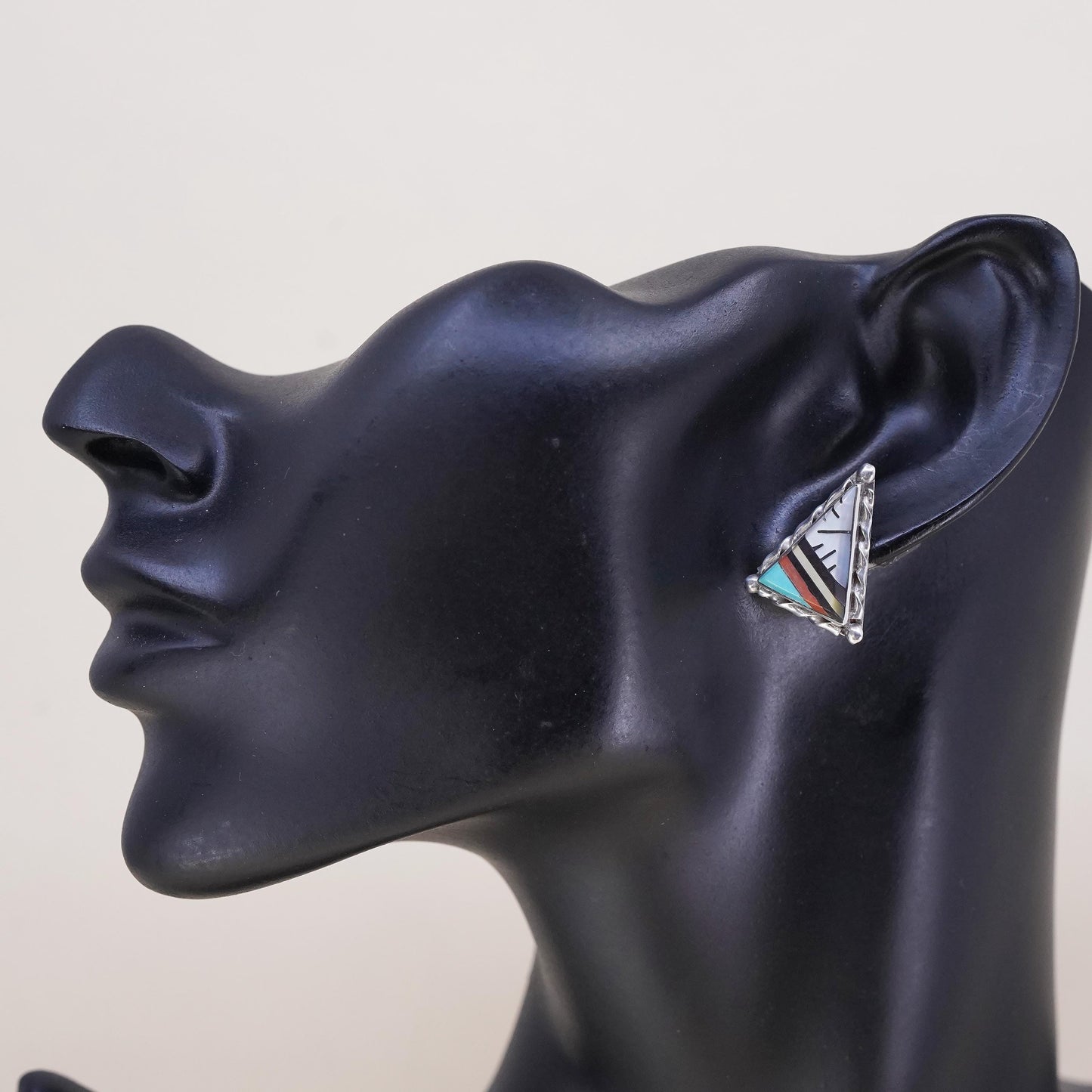 Native American Zuni single earring. Sterling 925 silver stud turquoise