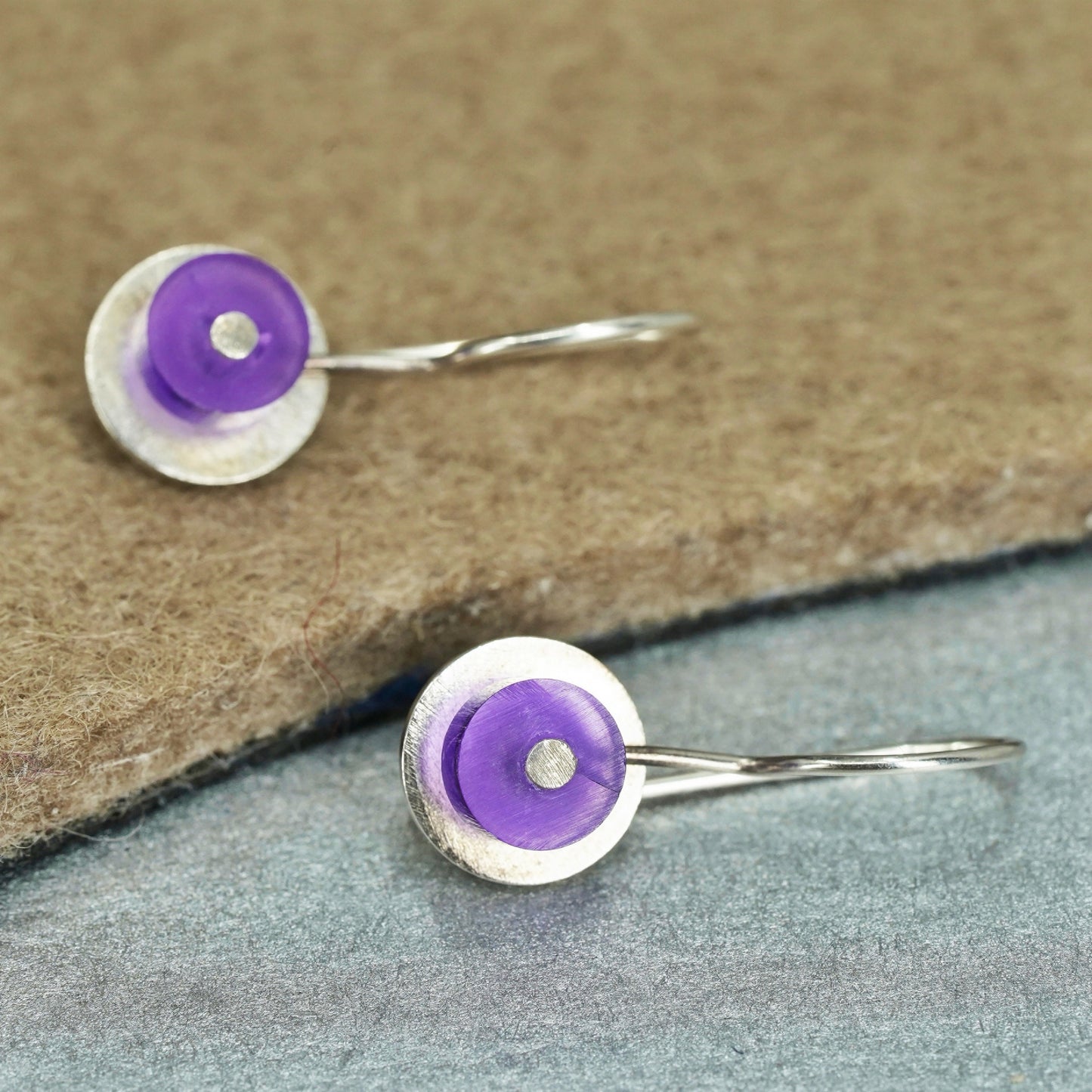 Vintage Sterling 925 silver handmade circle earrings with purple glass dangles