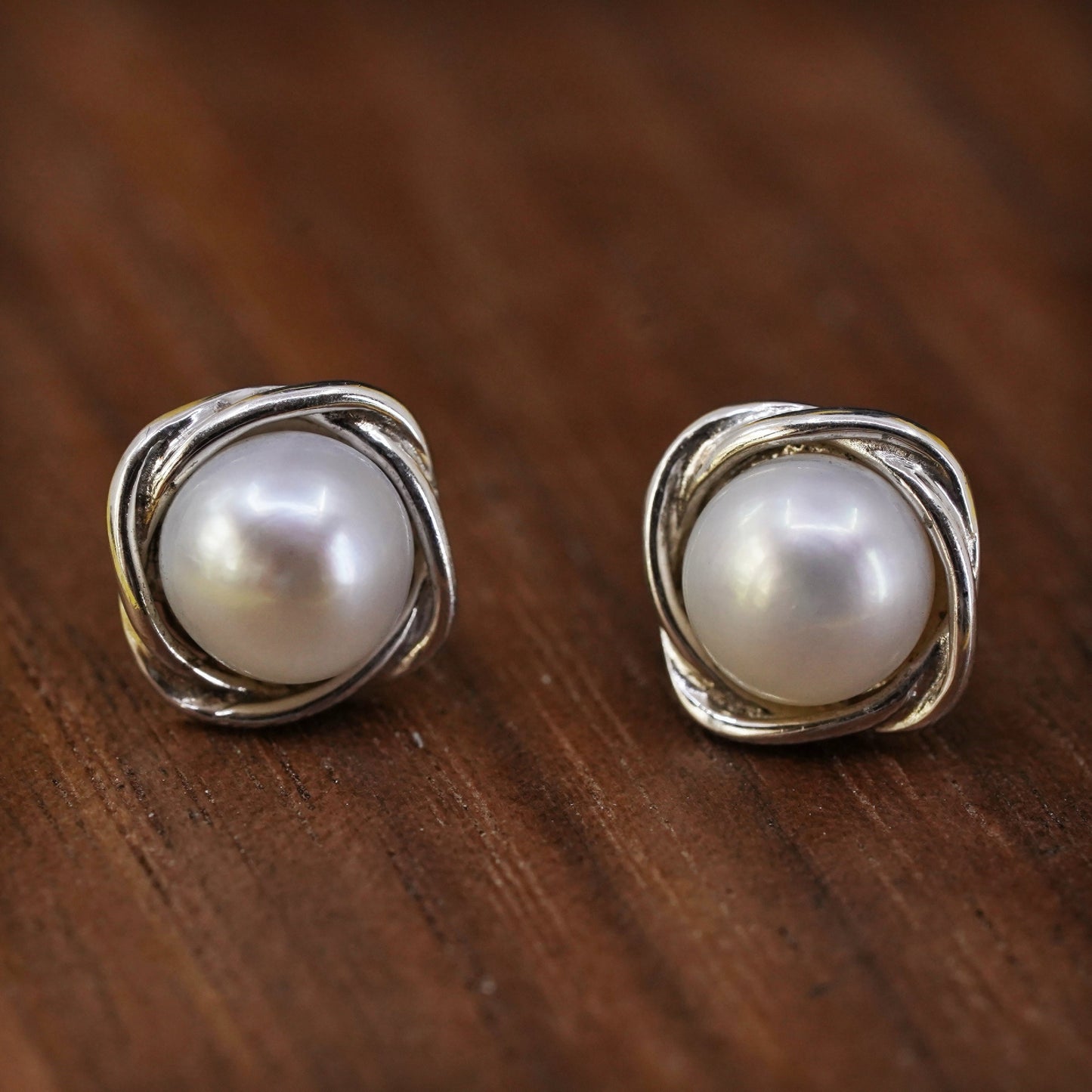 Vintage Sterling silver handmade earrings, 925 pearl studs