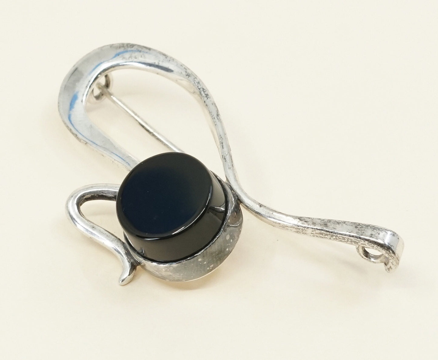 Vintage Sterling silver handmade brooch, Mexico 925 silver with round shaped obsidian, silver tested