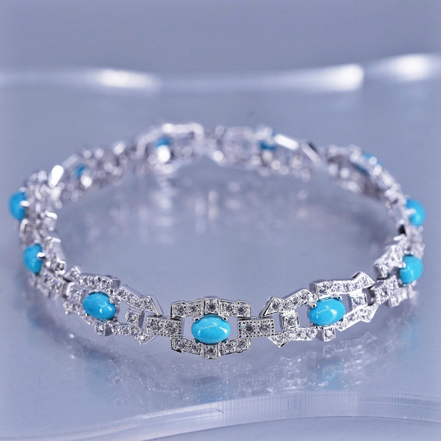 7.5”, Vintage Sterling 925 silver tennis bracelet chain w/ turquoise cluster cz
