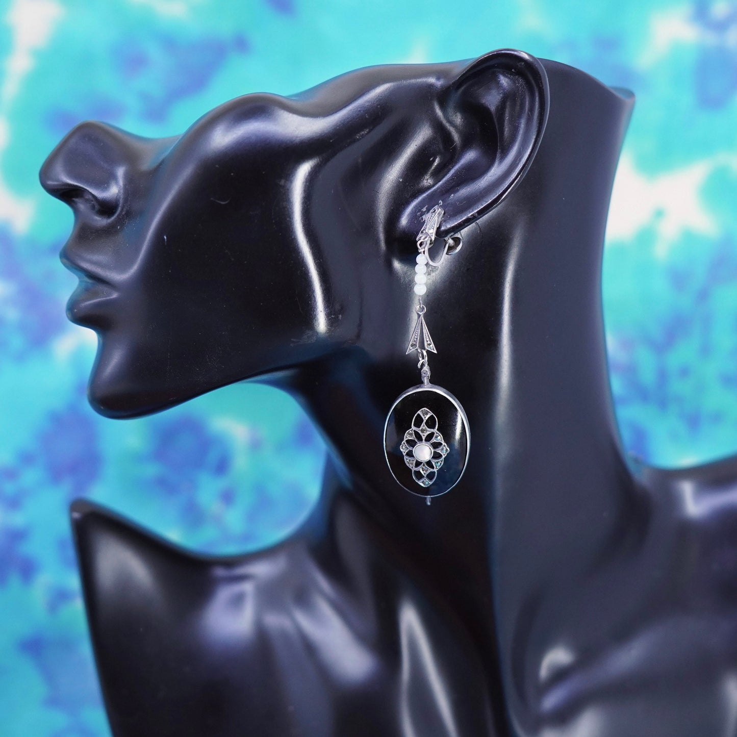 Sterling silver 925 handmade screw back earrings oval black onyx and marcasite