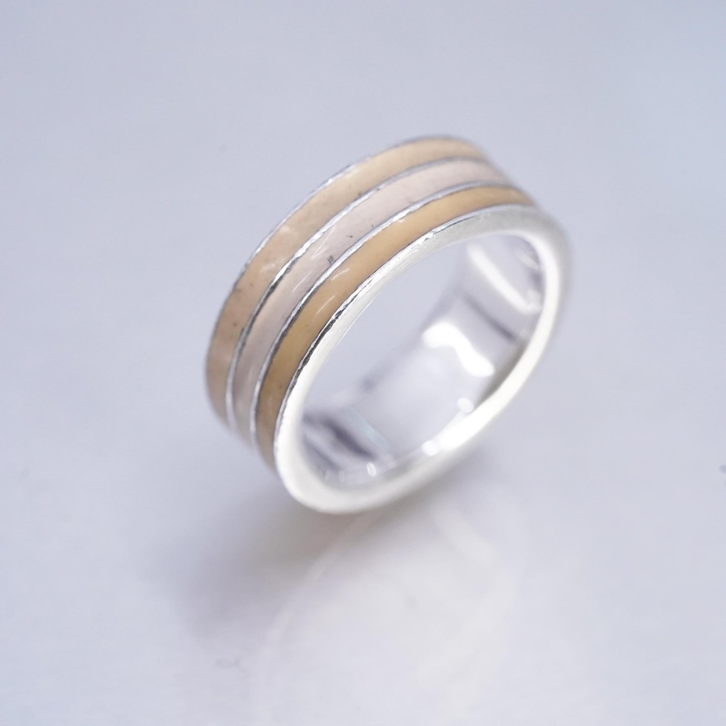 Size 6, vintage Sterling 925 silver handmade ring, ribbed yellow enamel band