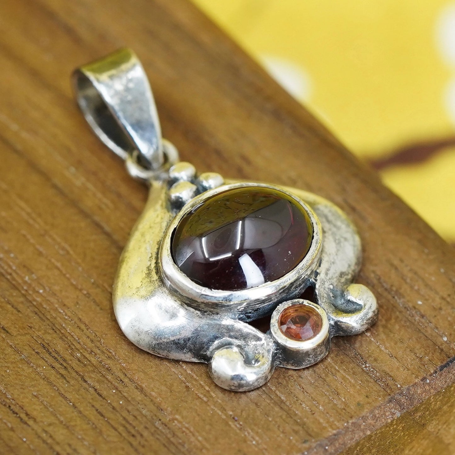 Vintage Sterling silver handmade pendant, 925 oval charm with garnet