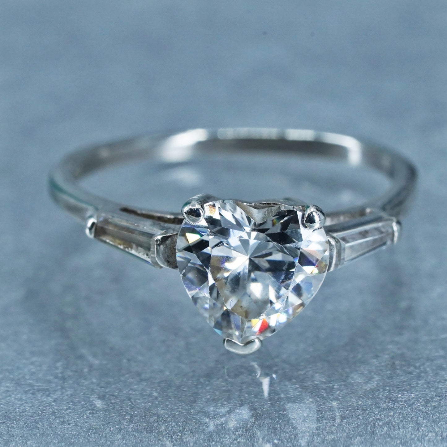 Size 7, vintage Sterling 925 silver handmade engagement ring with heart Cz