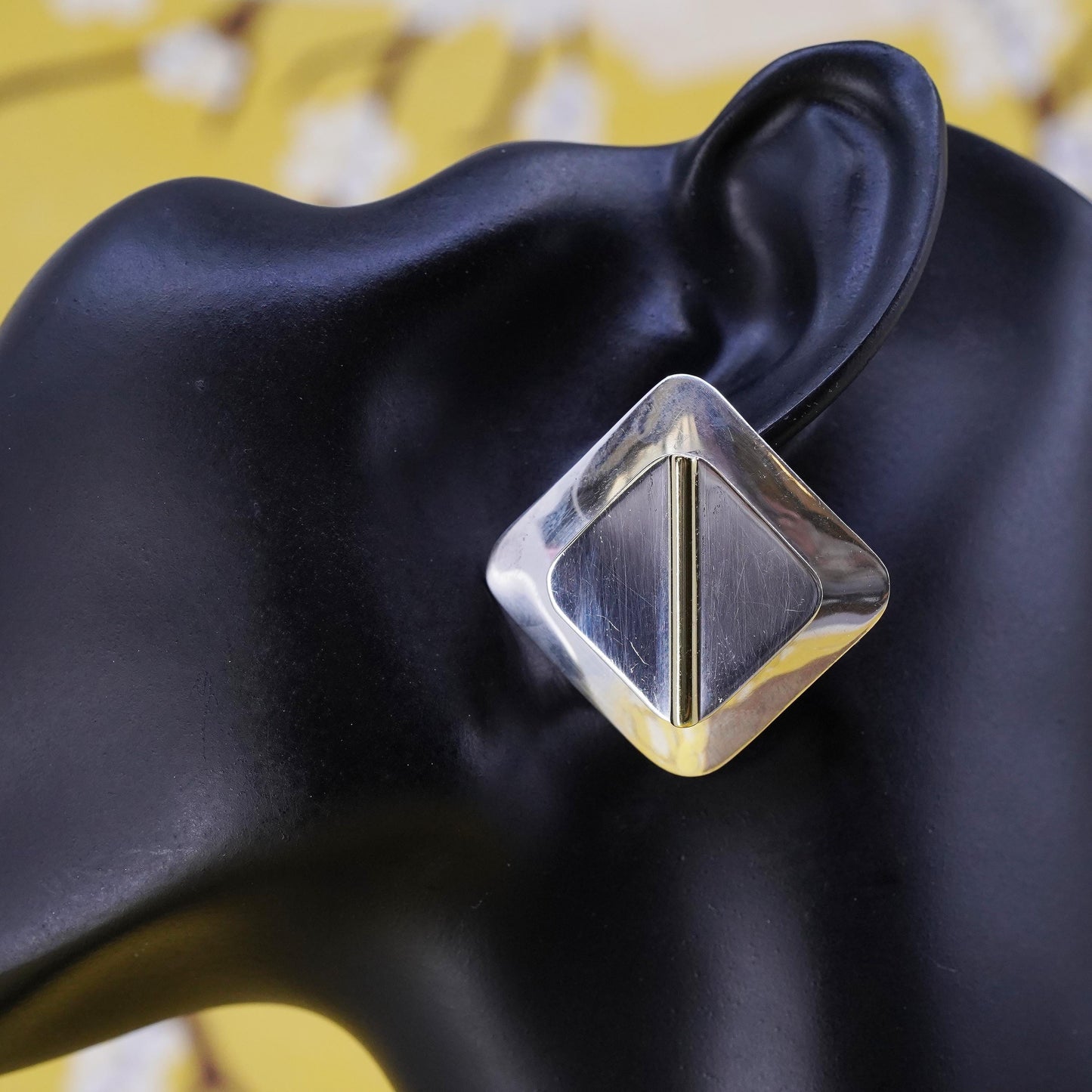 Mexican two tone Sterling silver square earrings, 925 clip on with brass tube