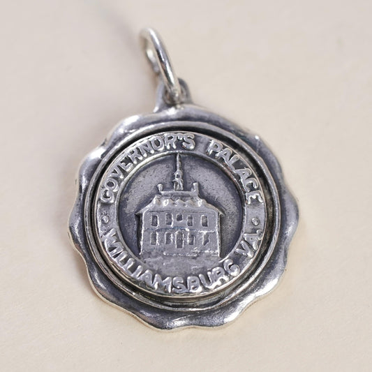 sterling world traveler pendant, 925 The Governor's Palace Williamsburg VA tag