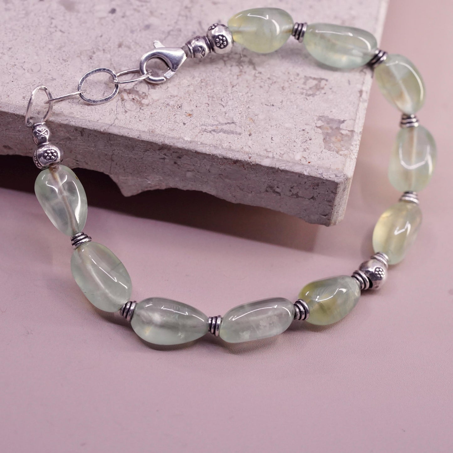 7.25", vintage Sterling 925 silver handmade bracelet with oval prehnite nuggets