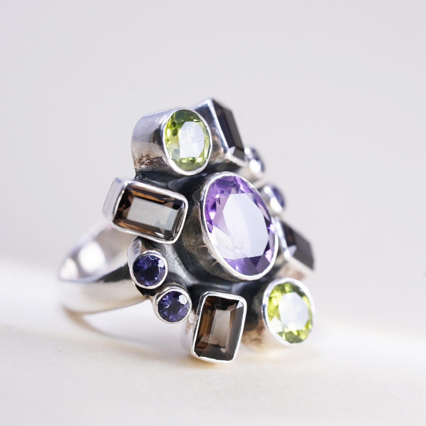 Size 7, Vintage Nicky Butler NB 925 Sterling Silver Multi Gemstone Ring Peridot