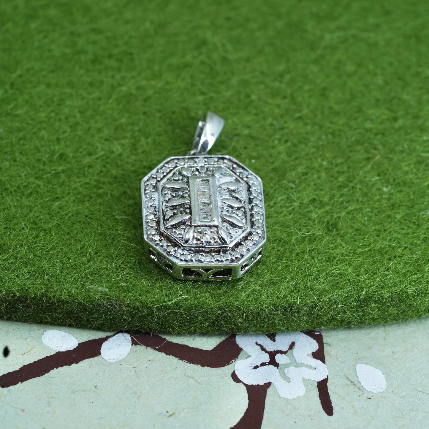 vintage Sterling silver Pendant, 925 rectangular with real diamond