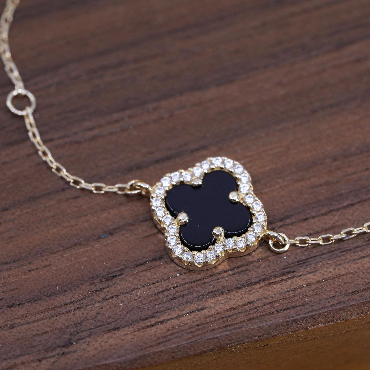7.5”, Vermeil gold sterling silver bracelet, 925 lucky onyx clever cluster Cz