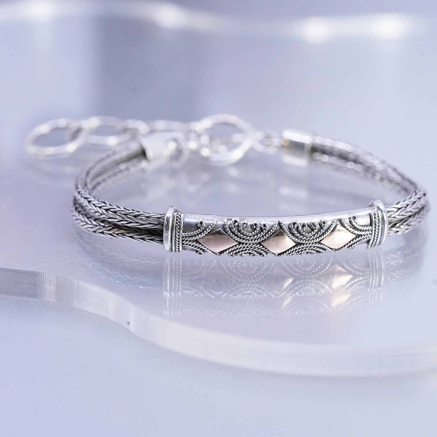 7+1.5", Sterling Silver Bracelet, 925 Double Wheat Chain bar, 12M rose gold