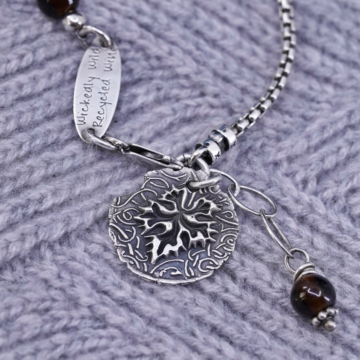 7", Wickedly Wild Recycled Wine sterling silver bracelet glass beads disc charm