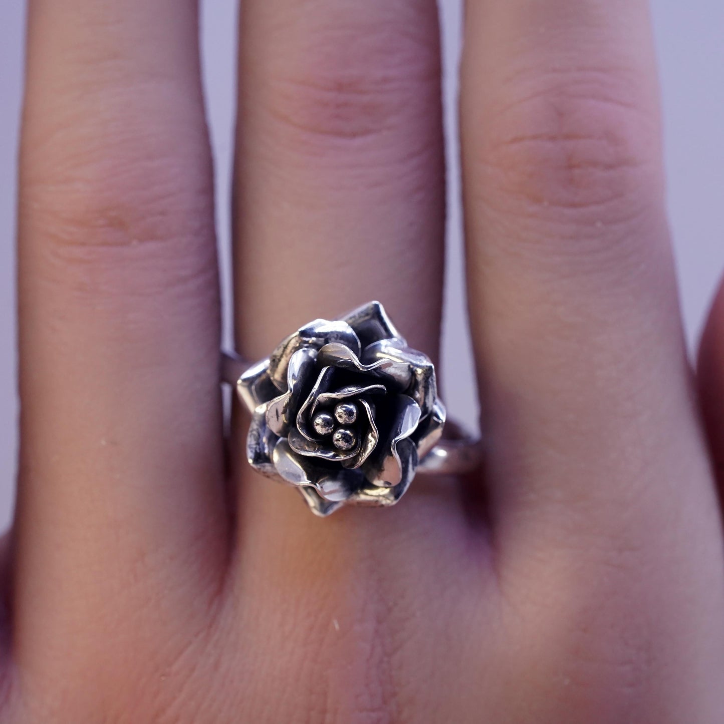 Size 8.5 adjustable, vintage Mexican Sterling silver ring, 925 rose flower band