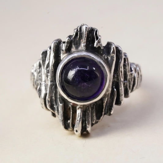 Size 7, vintage brutalism handmade sterling 925 silver textured ring amethyst